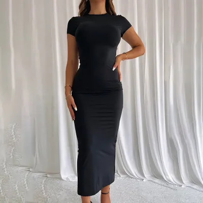 Summer Women Fashion Solid Color Round Neck Tight Midi Dress