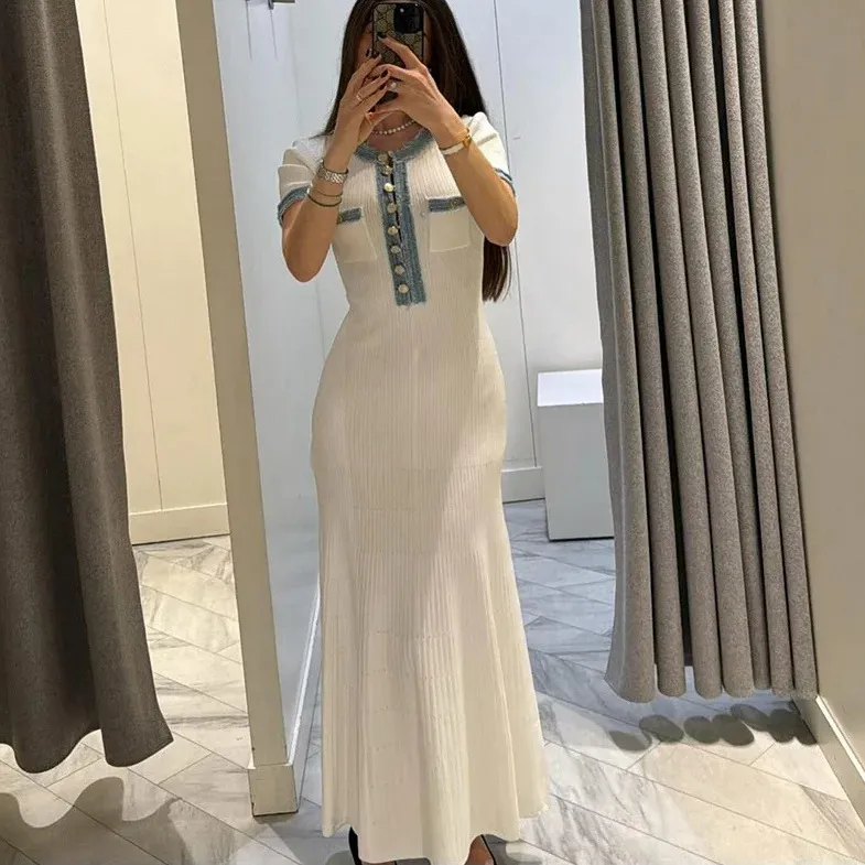 Summer Women Denim Stitching Knitted Maxi Dress with Boat Neck and Short Sleeve