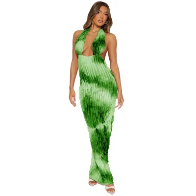Women Sexy Deep V Halter Neck Tie-Dye Pleated Maxi Dress