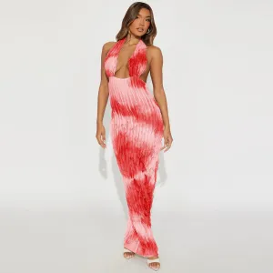 Women Sexy Deep V Halter Neck Tie-Dye Pleated Maxi Dress