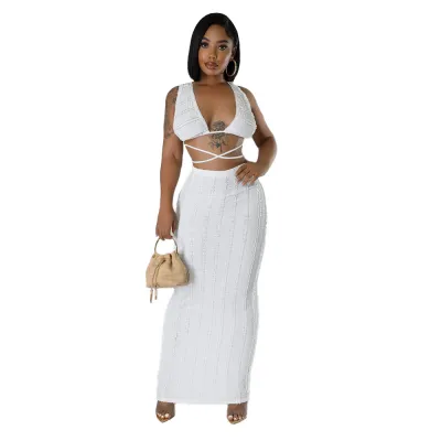 Summer Women Fashion Sexy Halter Neck Sleeveless Lace-Up Top Skirt Two-Piece Set