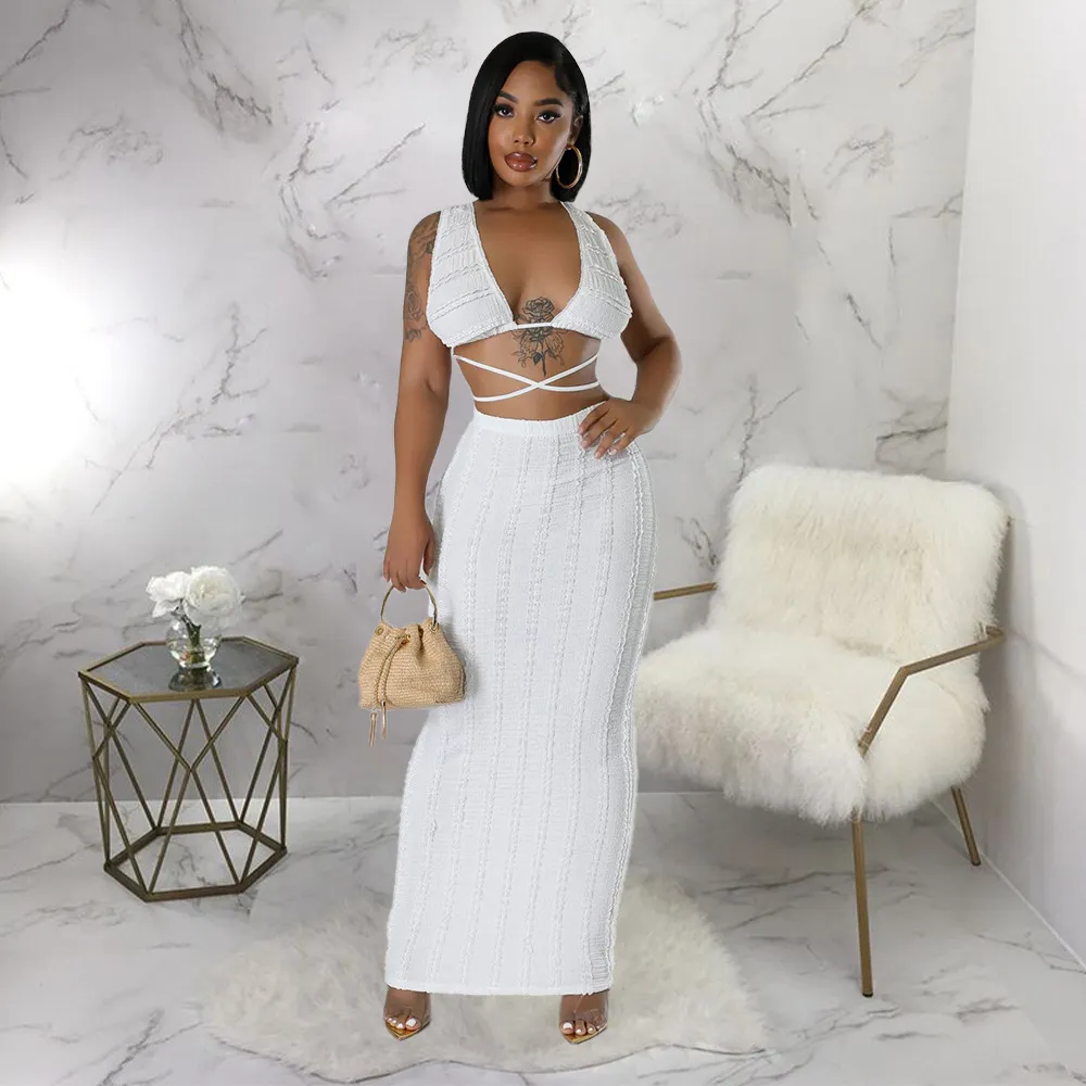 Summer Women Fashion Sexy Halter Neck Sleeveless Lace-Up Top Skirt Two-Piece Set