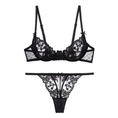 Women Sexy Solid Color Lace Hollow Bra Set