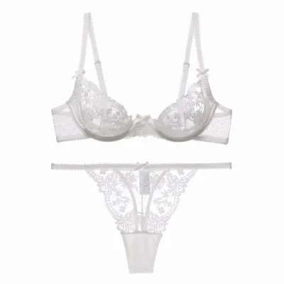 Women Sexy Solid Color Lace Hollow Bra Set