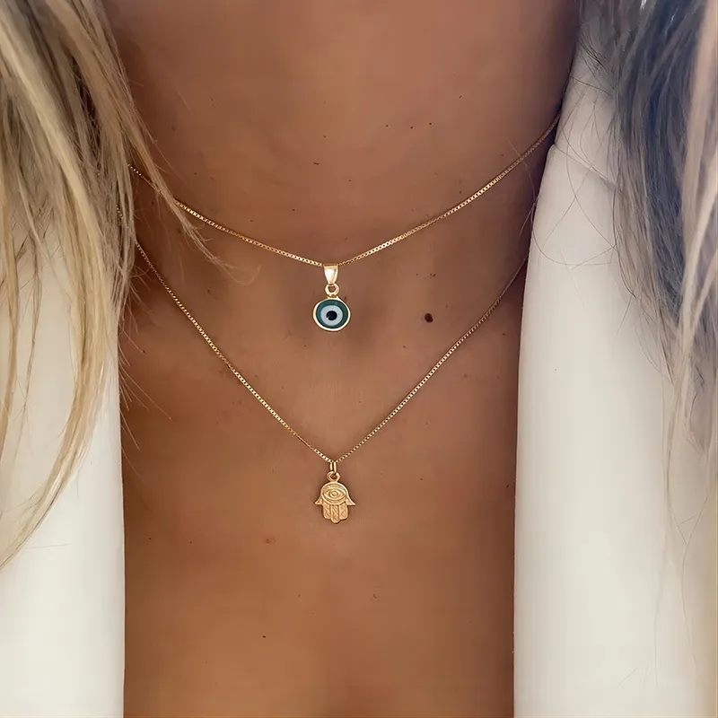 Vintage Golden Metal Chain Set Evil Eye Palm Pendant Necklace