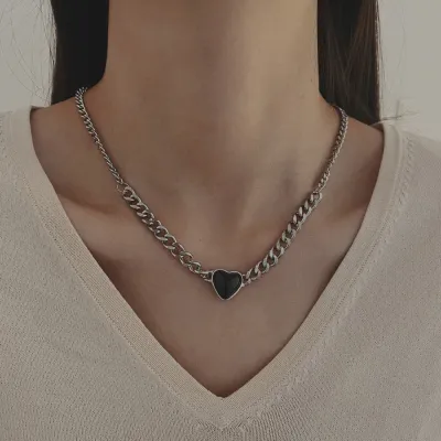 Fashion Simple Punk Black Heart Pendant Ball Chain Necklace