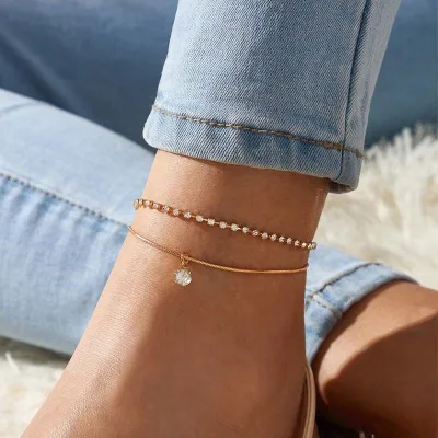 Women Creative Simple Double-Layer Rhinestone Anklet for Summer Beach Vacation