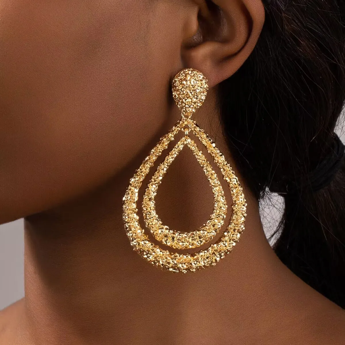 Fashion Exaggerated Double-Layer Water Drop Metal Earrings