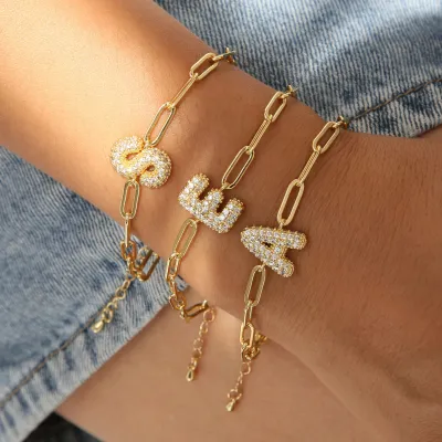 18k Gold Plated Bubble Balloon 26 English Alphabet Rhinestone-Encrusted Letter Adjustment Bracelet