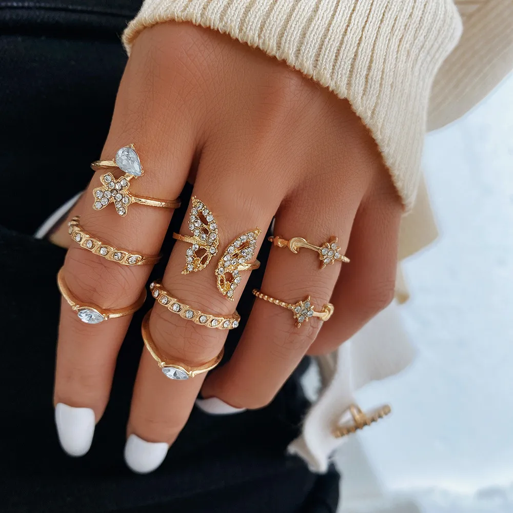 Rhinestone Micro-Inlaid Butterfly Ring Set Women Creative Simple Flower 8-Piece Midi Ring Set