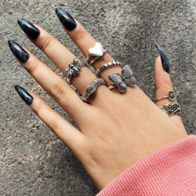 Vintage Women Gothic Punk Skull Snake Ring Set