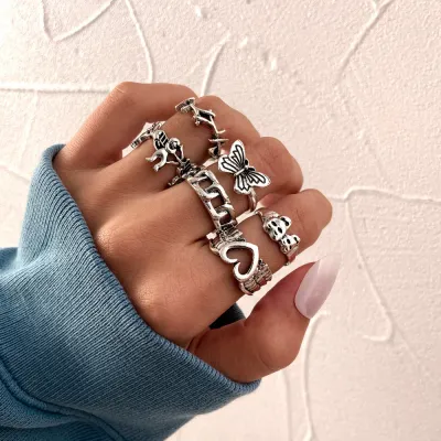 Vintage Women Gothic Punk Skull Snake Ring Set