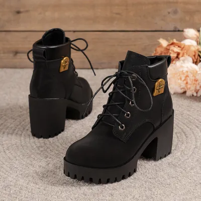 Women Plus Size British Style Fleece-Lined Warm Lace Thick-Soled Ankle Boots