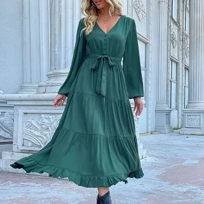 Casual Autumn Winter Women Long Sleeve Pleated Ruffled Midi Dress