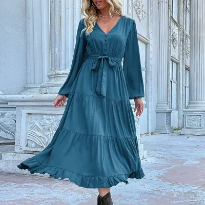 Casual Autumn Winter Women Long Sleeve Pleated Ruffled Midi Dress