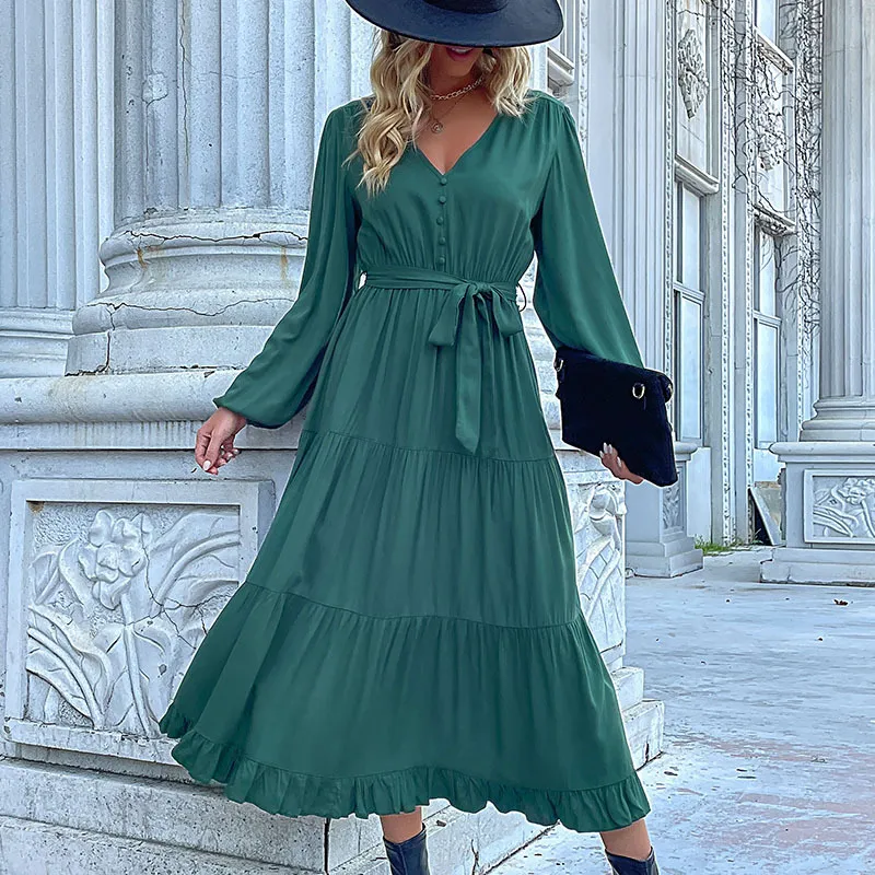 Casual Autumn Winter Women Long Sleeve Pleated Ruffled Midi Dress