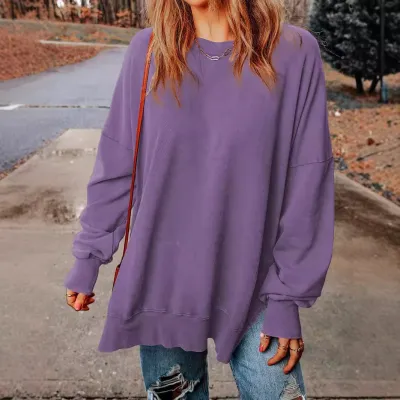 Autumn Women Casual Solid Color Round Neck Long Sleeve Pullover Sweatshirt