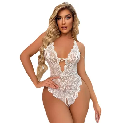 Women Sexy Deep V Lace See-Through Bodysuit Bra Set