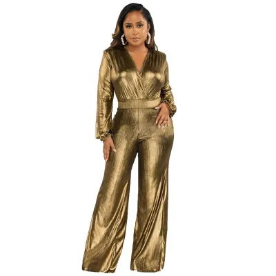 Summer Women Fashion Sexy Deep V Neck High Elastic Long Sleeve Wide Leg Jumpsuit