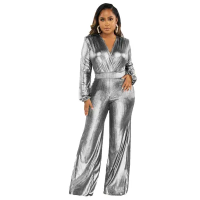 Summer Women Fashion Sexy Deep V Neck High Elastic Long Sleeve Wide Leg Jumpsuit
