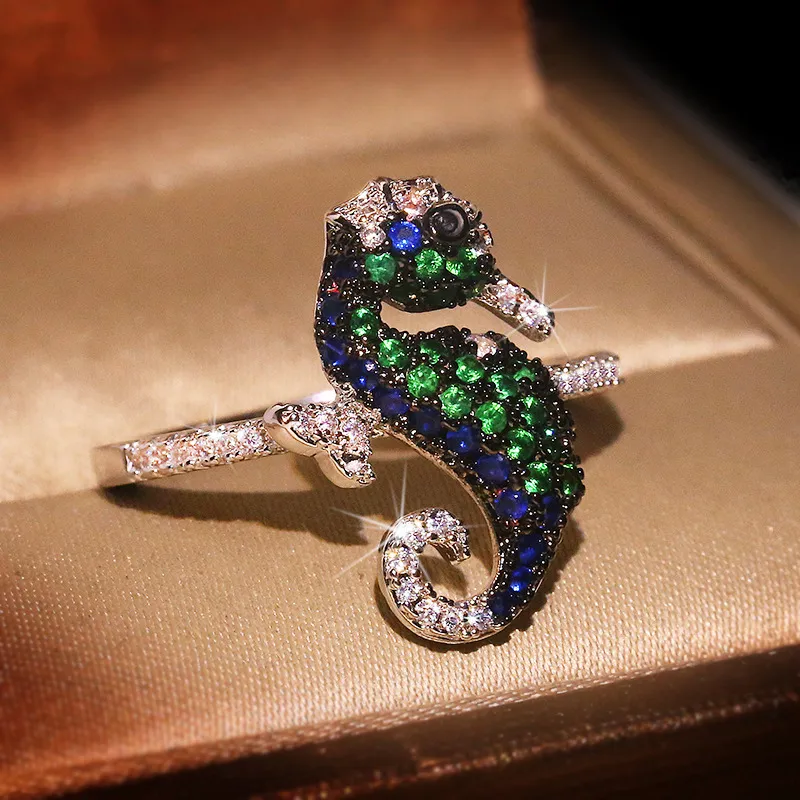 Women's Fashion Creative Multicolor Zircon Hippocampus Geometric Ring