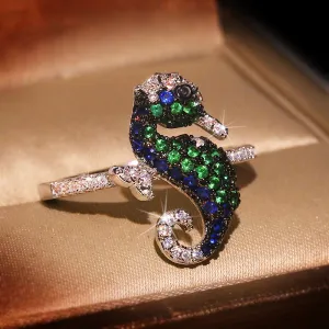 Women's Fashion Creative Multicolor Zircon Hippocampus Geometric Ring