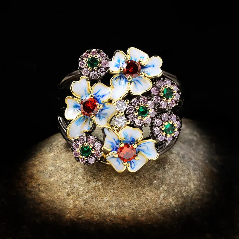 Women Fashion Multicolor Zircon Geometry Floral Ring