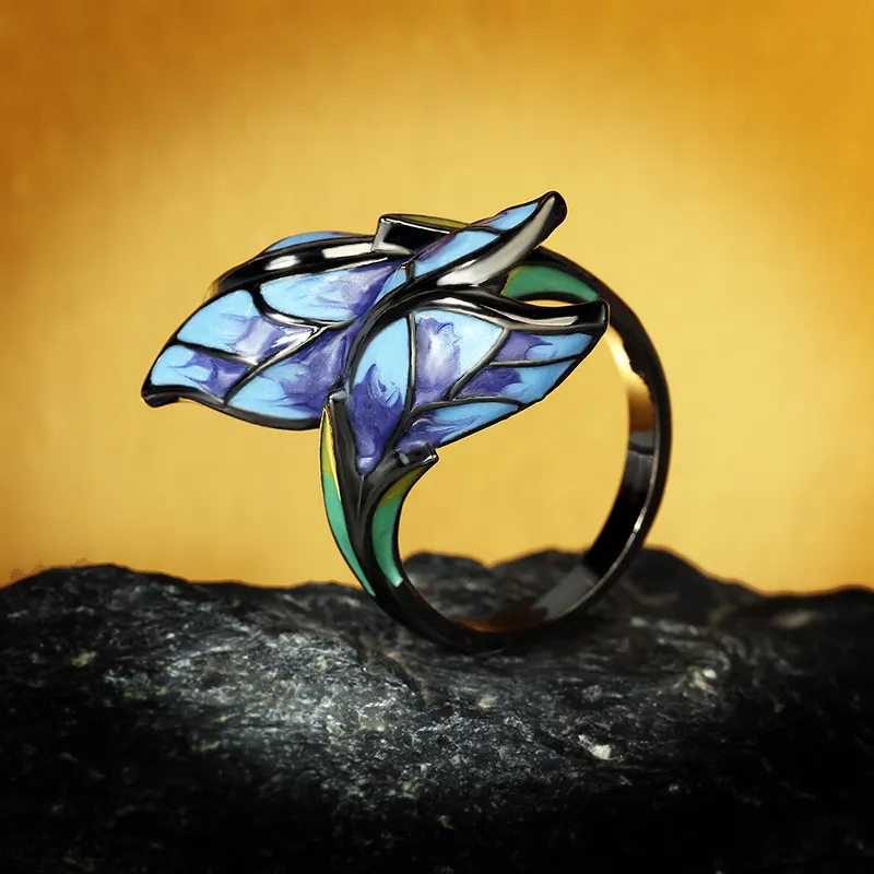 Women Fashion Butterfly Flower Diamond Enamel Copper Ring