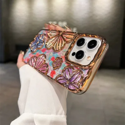Women Fashion Electroplated Three-Dimensional Floral Apple Phone Protective Case