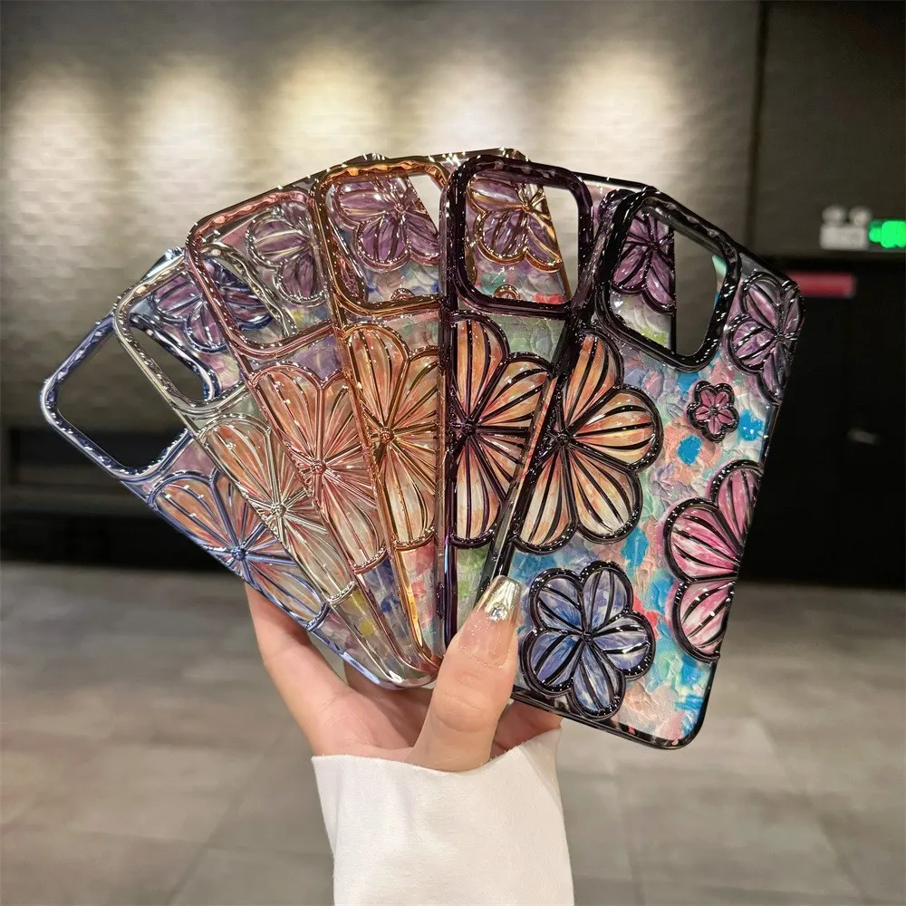 Women Fashion Electroplated Three-Dimensional Floral Apple Phone Protective Case