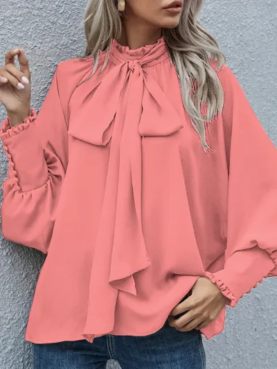 Women's Loose Blouse with Turtleneck Bow Ribbon Lace-Up and Bubble Sleeves