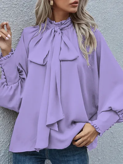 Women's Loose Blouse with Turtleneck Bow Ribbon Lace-Up and Bubble Sleeves