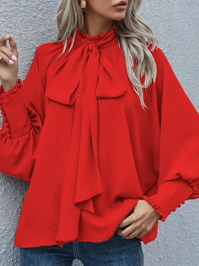 Women's Loose Blouse with Turtleneck Bow Ribbon Lace-Up and Bubble Sleeves
