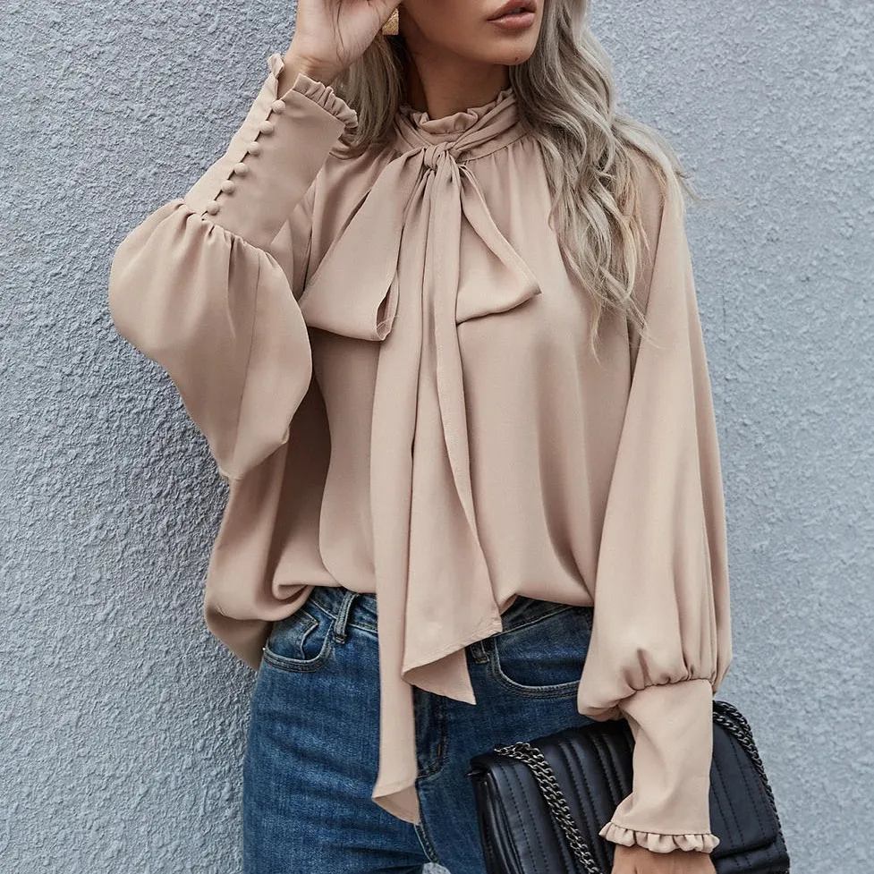 Women's Loose Blouse with Turtleneck Bow Ribbon Lace-Up and Bubble Sleeves
