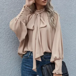 Women's Loose Blouse with Turtleneck Bow Ribbon Lace-Up and Bubble Sleeves