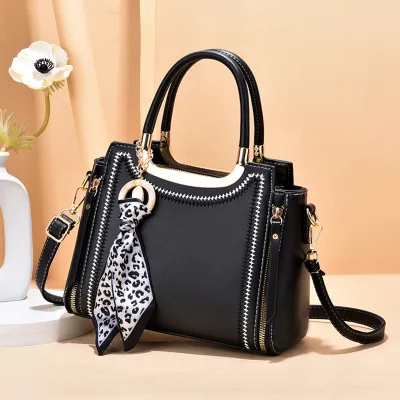 Women PU Tote Bag with Silk Scarf Pendant Zipper Large Capacity Handle Shoulder HandBag