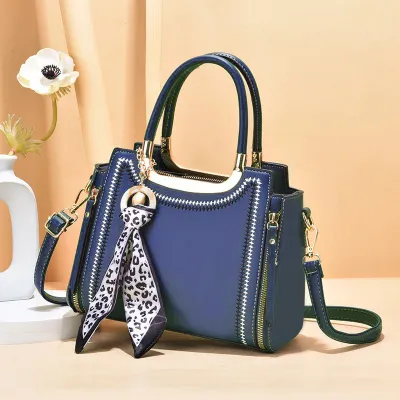 Women PU Tote Bag with Silk Scarf Pendant Zipper Large Capacity Handle Shoulder HandBag