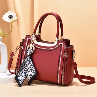 Women PU Tote Bag with Silk Scarf Pendant Zipper Large Capacity Handle Shoulder HandBag