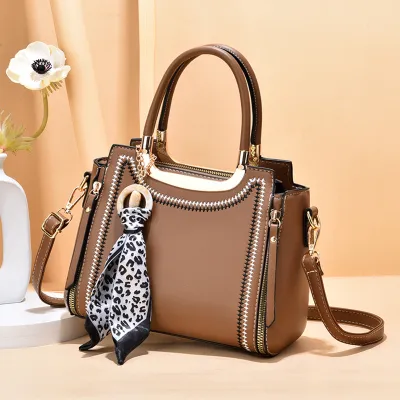 Women PU Tote Bag with Silk Scarf Pendant Zipper Large Capacity Handle Shoulder HandBag
