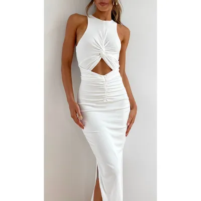 Spring Summer Slim Fit Women Split Solid Color Sleeveless Leisure Vacation Midi Dress
