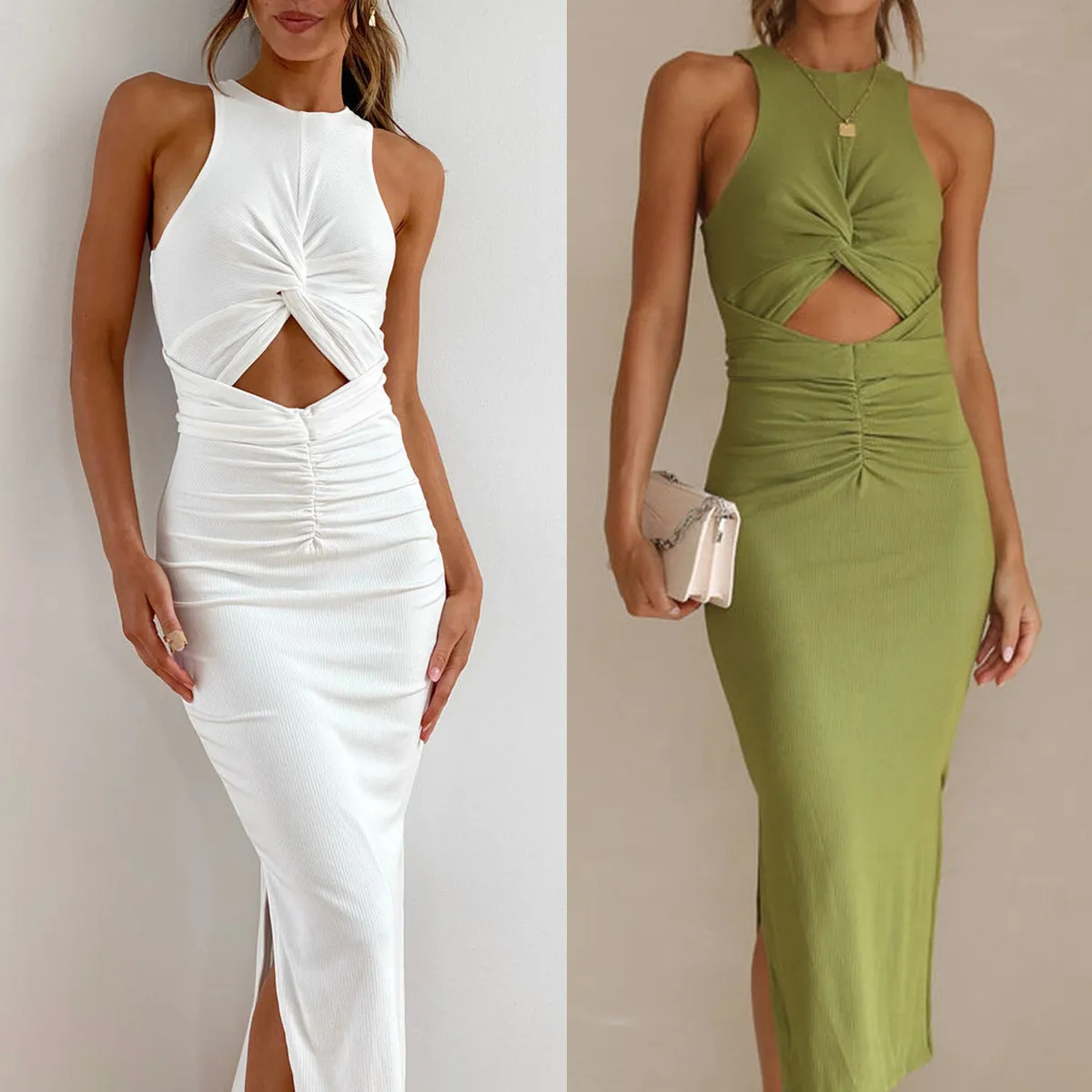 Spring Summer Slim Fit Women Split Solid Color Sleeveless Leisure Vacation Midi Dress