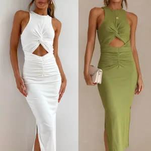Spring Summer Slim Fit Women Split Solid Color Sleeveless Leisure Vacation Midi Dress