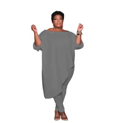 Plus Size Women Casual Loose Fit Bat Sleeve Top And Pants Two-Piece Set