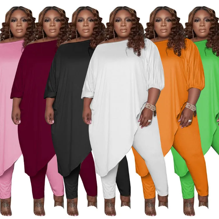 Plus Size Women Casual Loose Fit Bat Sleeve Top And Pants Two-Piece Set