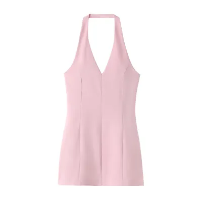 Summer Women Fashion Sexy Solid Color Halter Neck Mini Dress