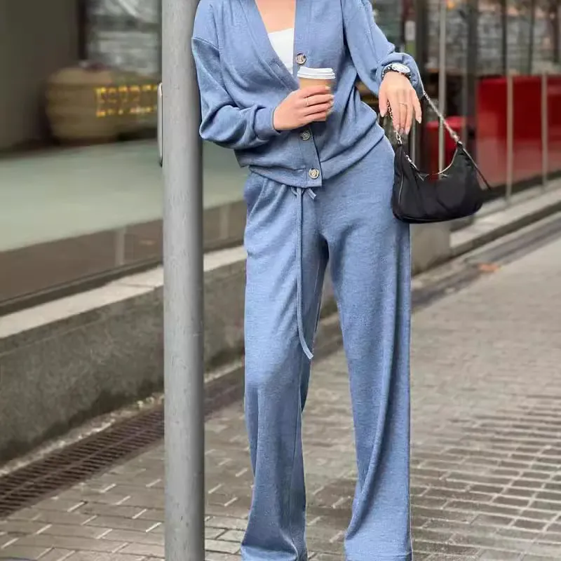 Women Casual Solid Color Cardigan Long Sleeve Jacket Pants Two-Piece Set