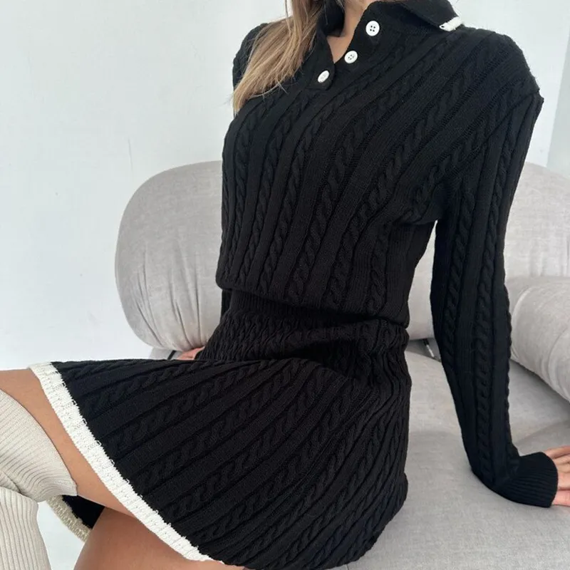 Autumn Winter Women Casual Knitted Long-Sleeved Sweater Skirt Two-Piece Set