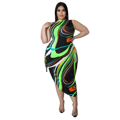 Women Fashion Sexy Plus Size Graphic Printing Sleeveless Hollow Strap Split Dress