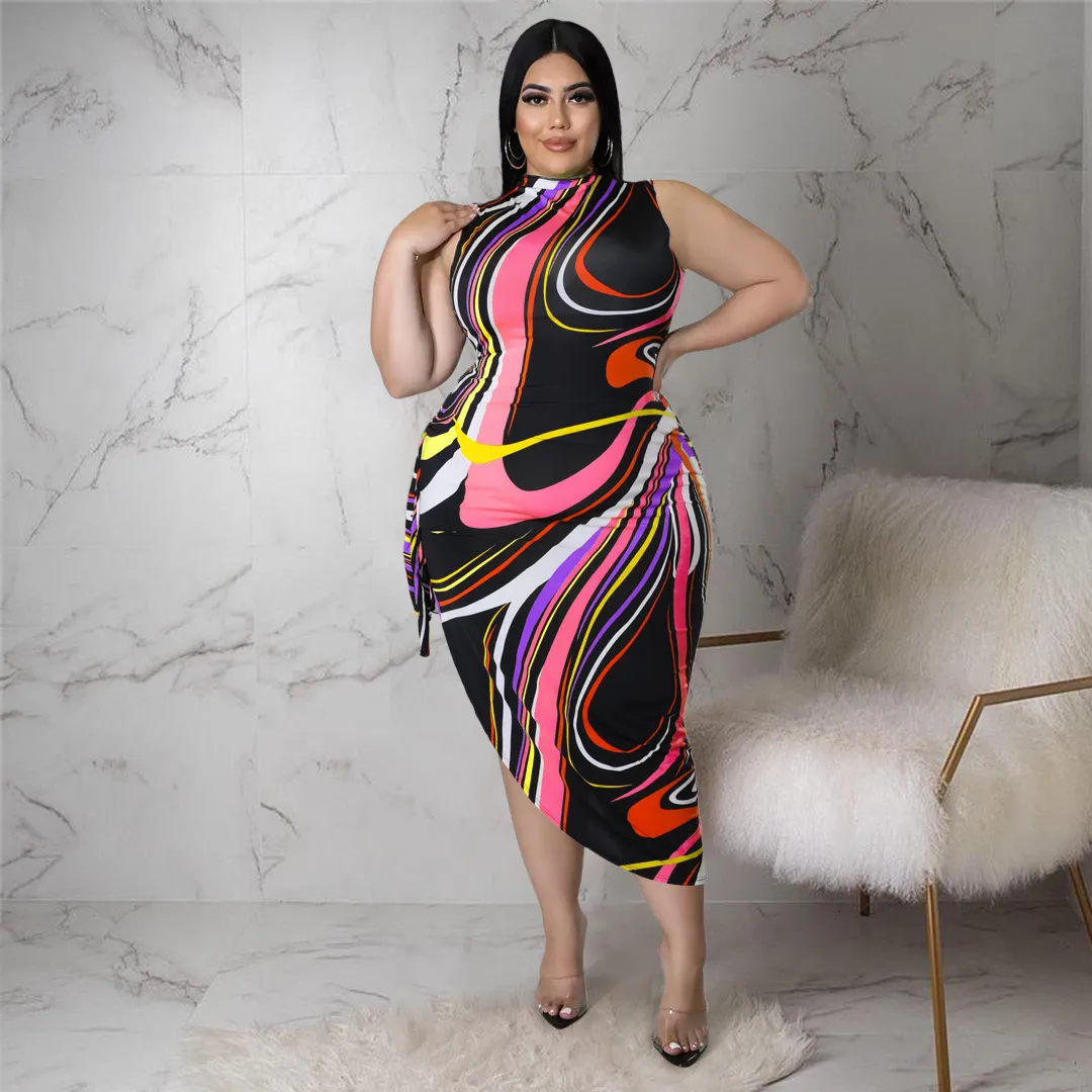 Women Fashion Sexy Plus Size Graphic Printing Sleeveless Hollow Strap Split Dress