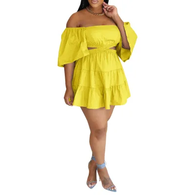 Summer Women Fashion Sexy Off Shoulder Hollow Short Sleeve Mini Dress